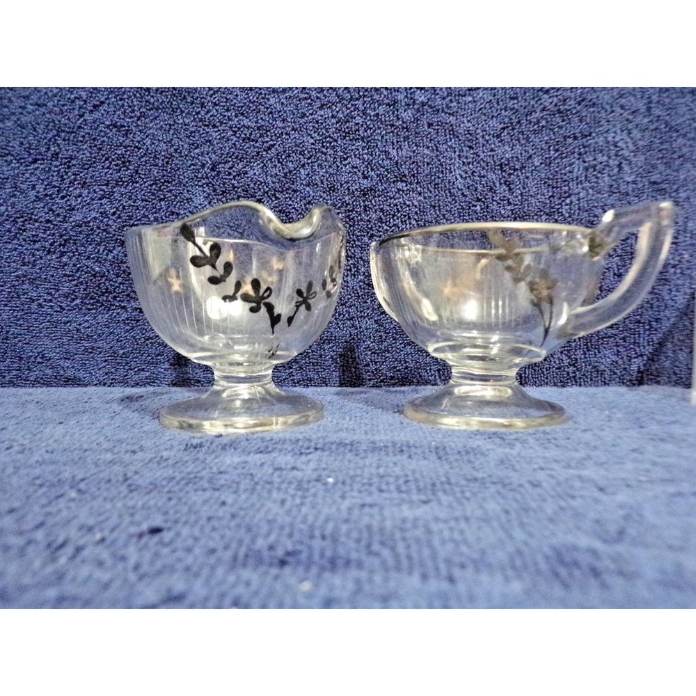 Vintage Glass Creamer & Open Sugar Set w/Black Flower & Leaf Overlay Art